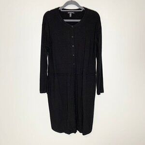 Eileen‎ Fisher black button detail long sleeve tie waist stretch dress